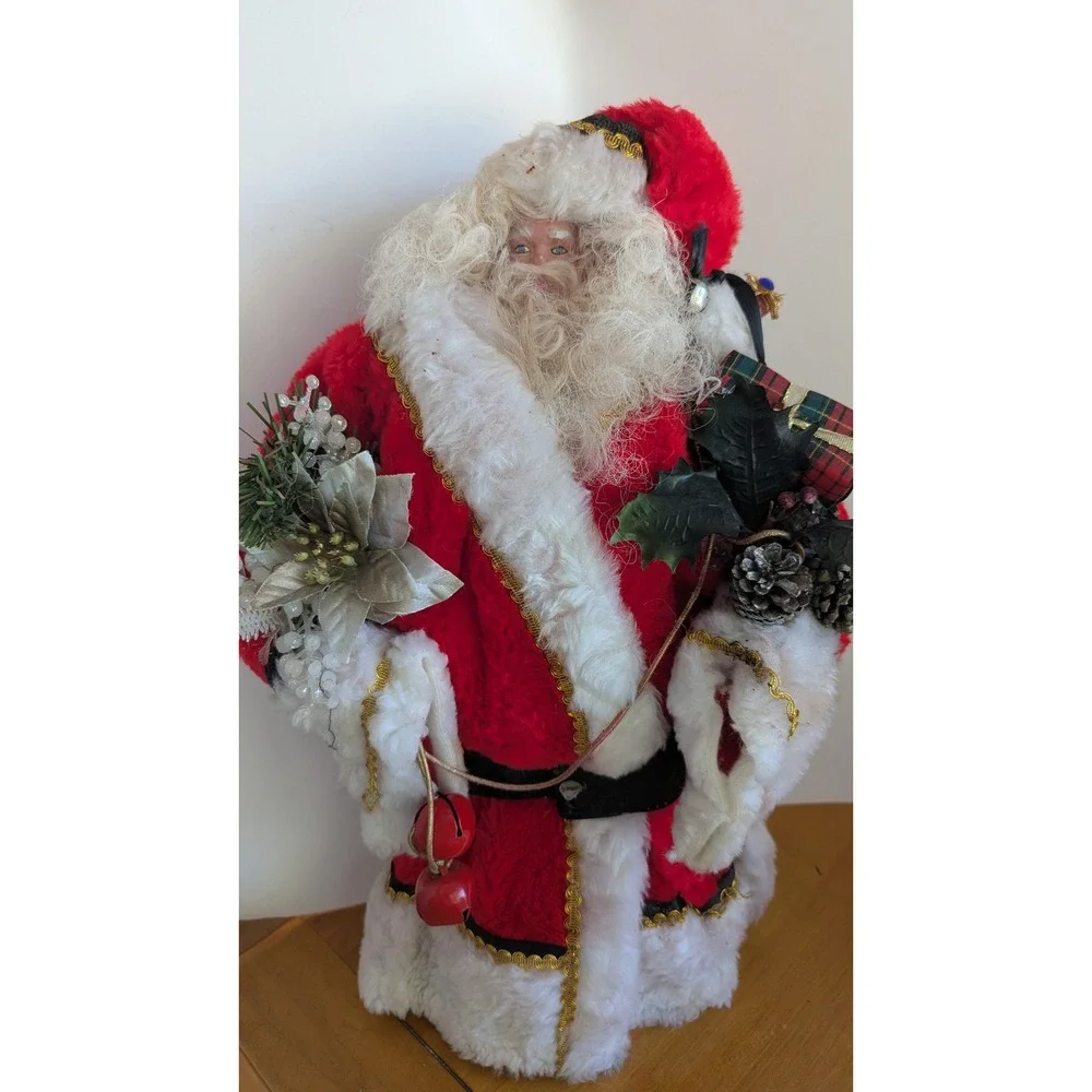 Vintage Style Standing Santa Claus Figurine Red Velvet Gold Trim 18 Inch Decor